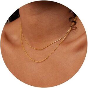Herringbone Necklace for Women Dainty 14k Gold Snake Chain Necklace Layered